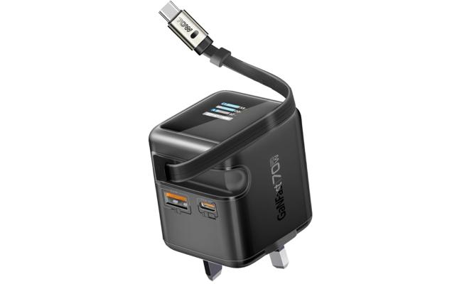 Promate Cubix-R70 70W GaNFast Charger with Retractable 80cm USB-C Cable, Dual USB-C PD 70W, USB-A 60W Port, 1.14” TFT Smart Display, UK Plug, Compact Wall Adapter for MacBook, iPhone 17, Galaxy Black